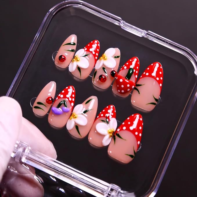 Spring Press on Nails Handmade Medium Length Almond Fake Nails, 3D French Salon Painting Design False Nails, 10 Pcs Reusable ABS Material Nail Tip Artificial Nails for Women (Size L)