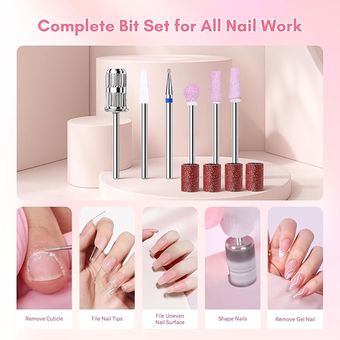 Makartt Nail Drill Professional, 35,000RPM Rechargeable Electric Nail File for Acrylic & Gel Removal, 60W Brushless Motor, 2-in-1 Desktop & Portable, LCD Display, for Home & Salon Use, Nouvella Pink