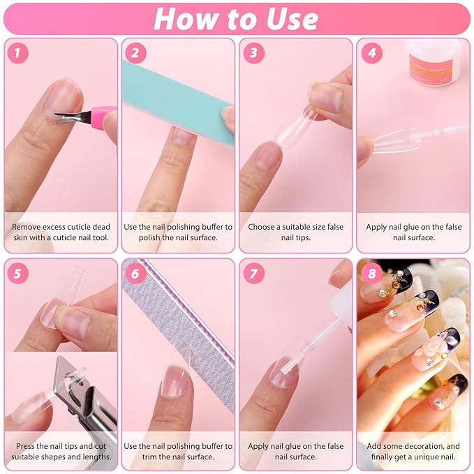 600PCS Clear Coffin Nail Tips Set Qinzave Clear Acrylic Nail Tips with Nail Glue Coffin Nails Full Cover with Nail Display Stand, Cuticle Nail Pusher Remover, Nail Files Buffer