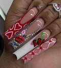Press on Nails Square - Extra Long Fake Nails with 3D Rhinestones and Lips, White French Tips Cute Red False Nail, Fall Stick On Nails for Women, 12 Sizes - 24 Nail Kit, Velvet Temptation