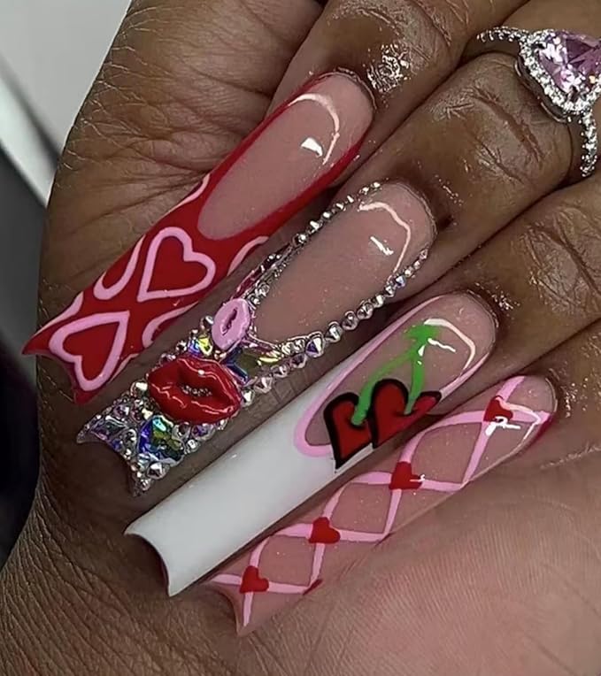 Press on Nails Square - Extra Long Fake Nails with 3D Rhinestones and Lips, White French Tips Cute Red False Nail, Fall Stick On Nails for Women, 12 Sizes - 24 Nail Kit, Velvet Temptation