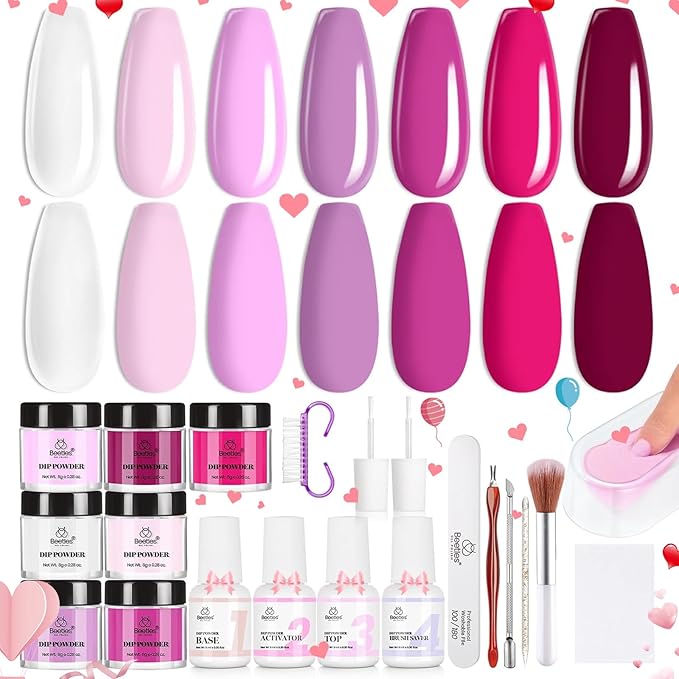 Beetles Pink Dip Powder Nail Kit, 7 Colors Hotpink Clear Pink Lightpink Deeppink Red Dip Powder Starter Kit with Liquid Set Recycling Tray with Base & Top Coat Activator for French Nail Art Manicure