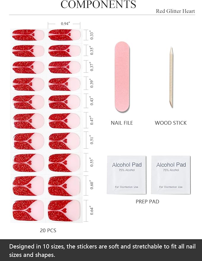 Semi Cured Gel Nail Strips (Red Glitter Heart), Valentine's Day French, 20 Pcs Gel Nail Wraps, Stickers, Works with Any UV Lamps