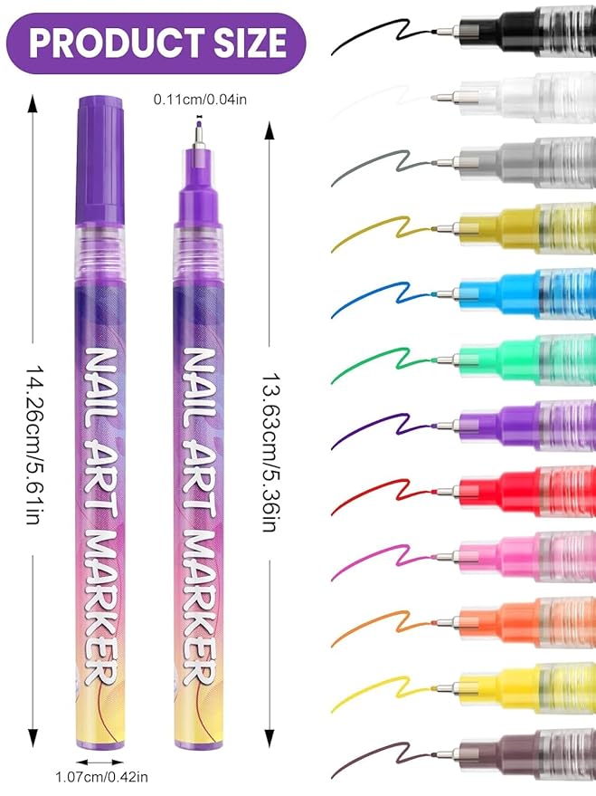 EBANKU 12 Colors Nail Art Pens Set, 3D 0.5MM Nail Polish Pens Graffiti Dotting Pen Quick-Drying Acrylic Nail Paint Liner Pen Tools for DIY Nail Art Manicure Tools