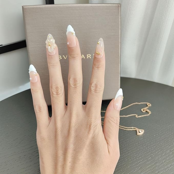 10 Medium Almond Handmade Press On Nails | Romantic Nude Pink French Tip Fake Nails with 3D Floral, Gold Line & Pearl Accents | Easy Apply & Remove, Reusable Salon Quality Nails(5U13, S)