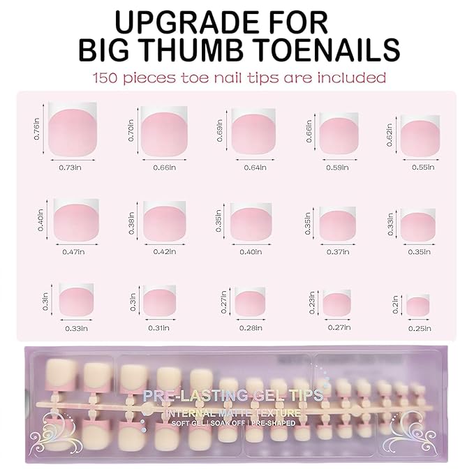 Press on Toenails Short, OPkssnails 150pcs Skin Tones French Tip Press On Toenails for Women, Pre-Designed Soft Gel Toe Nail Press Ons, Soak Off Acrylic Fake Toenail Extensions in 15 Sizes