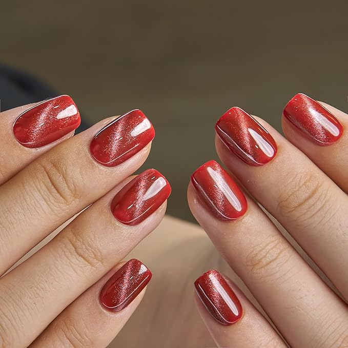 Curvlife Press On Nails Short Square Orange Red - Galaxy Cat Eye Press on Nails with Glue, Bright Orange-Red Magnetic Glitter Glossy Fake Nails Long Lasting False Nail Tips for Women