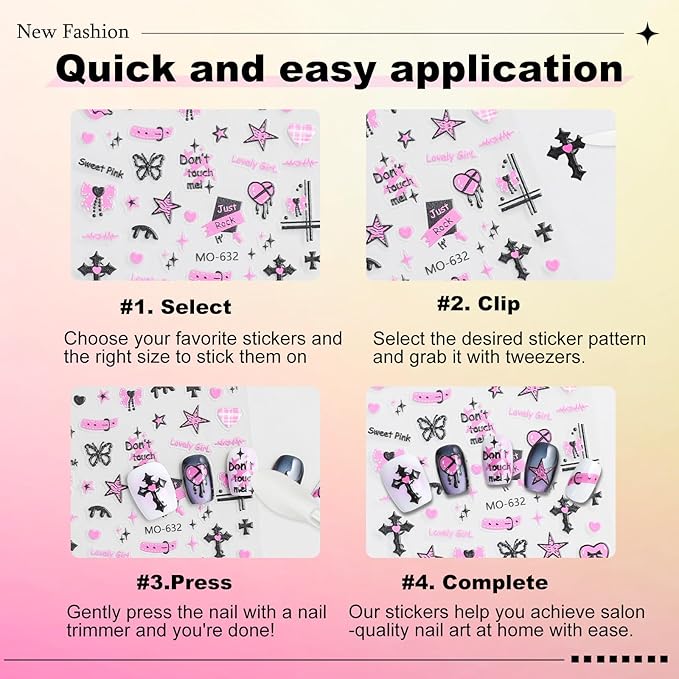 3 Sheets Rock Nail Stickers for Nail Art Adorable Cool Pink Bow Heart Cross Butterfly Evil Eye Designs 3D Embossed Self Adhesive Nail Decals for Women DIY Manicure Decoration YX1235