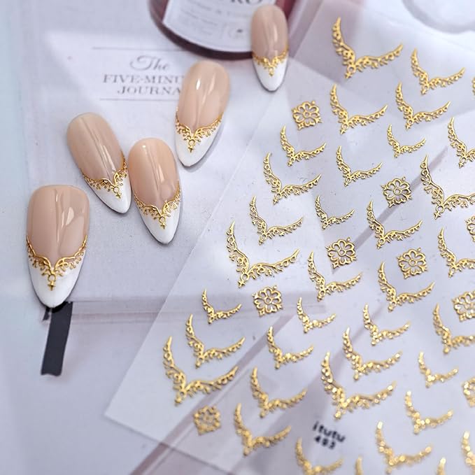 French Tip Nail Stickers for Nail Art 5D Embossed Gold Nail Stickers Metal Nail Decals Retro Gold Nails Art Design Supplies for Women Girls DIY Manicure