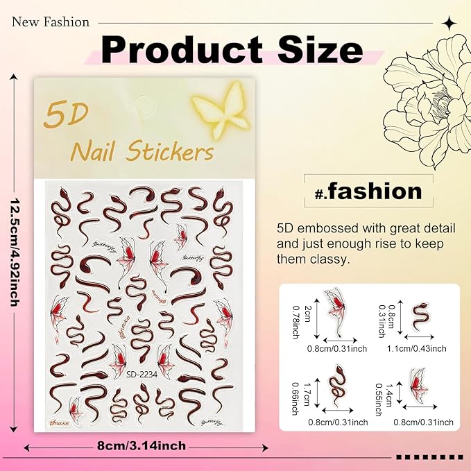 3 Sheets Snake Nail Art Stickers 3D Self-Adhesive Snake Sun Star Pattern Decals Starlight Nail Design Stickers Supplies for Women Girls Manicure Art Decoration 931-17