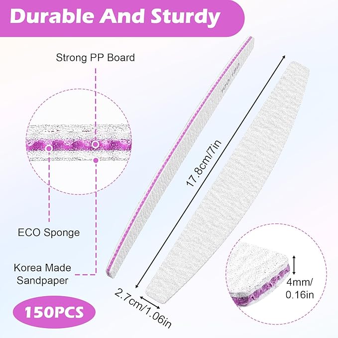 150 Pcs 100/180 Grit Nail Files Bulk, Professional Nail Files 100/180 Grit, Double Sided Emery Boards Reusable Manicure Tools for Acrylic Natural Nails, Home or Salon Use