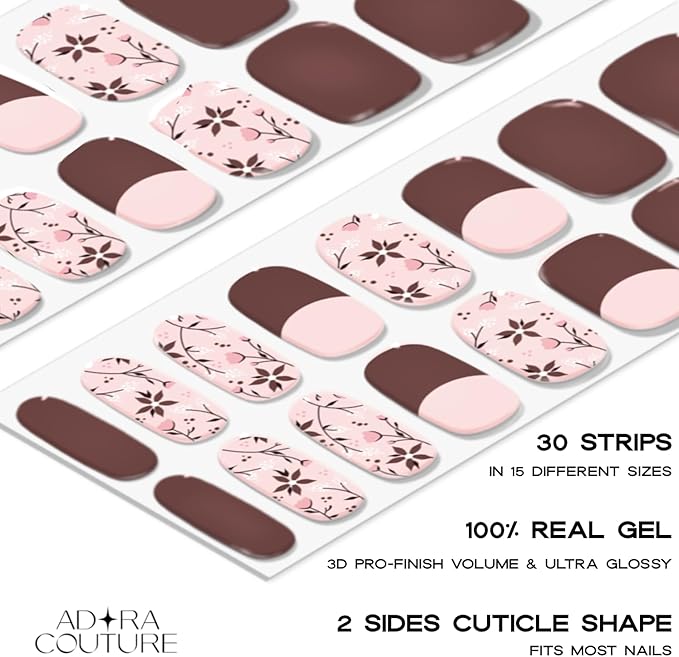 Semi Cured Gel Nail Strips with 30 Pieces - Salon Quality Manicure Kit for Women Easy Application Wraps Includes Prep Pads Nail File Wooden Stick, UV Light Required - Mocha Fleur