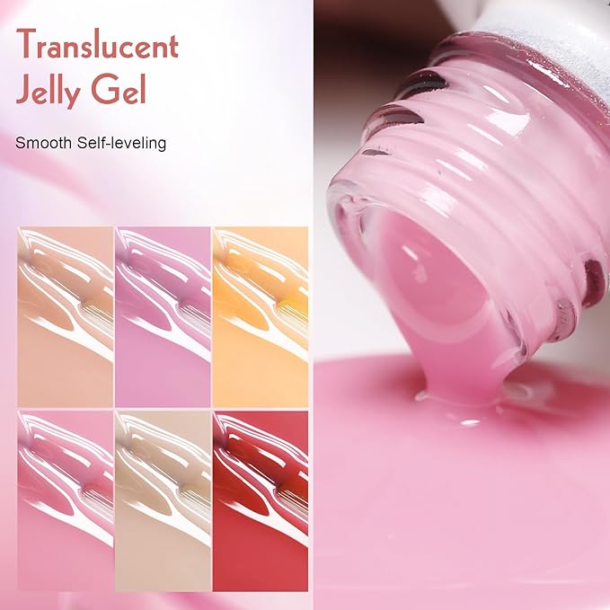 Imtiti Jelly Gel Nail Polish Set,6 Pcs 10ml Same Color Same Bottle Cap Nude Pink Gel Polish Set UV/LED Soak Off Jelly Sheer Translucent for Salon DIY at Home(10ml*6)