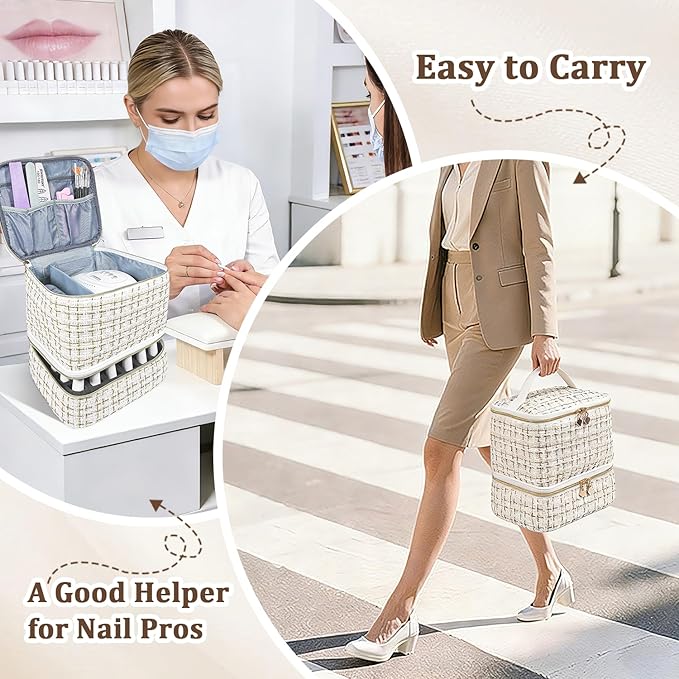 JEWHITENY Nail Polish Organizer Bag Holds 30 Bottles & Nail Lamp,Double-Layer Nail Polish Storage Bag with Adjustable Dividers,Portable Nail Kit Bag For Nail Stuff & Manicure Tools (White)