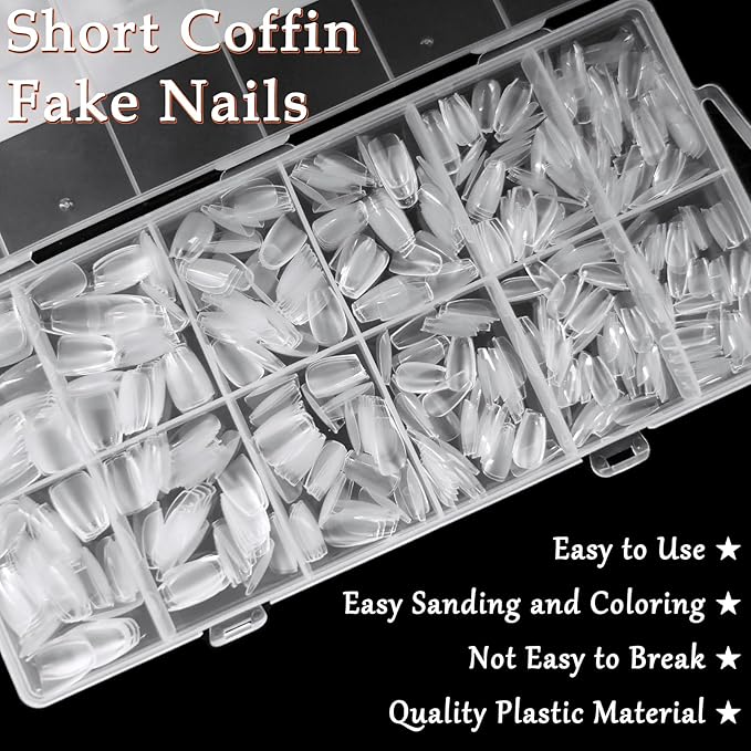 AddFavor 600pcs Short Coffin Nail Tips, Soft Gel Nail Tips x Short Ballerina Clear Fake Nails Full Cover Acrylic Nails Tips for Extension Nail Manicure Salon Home DIY