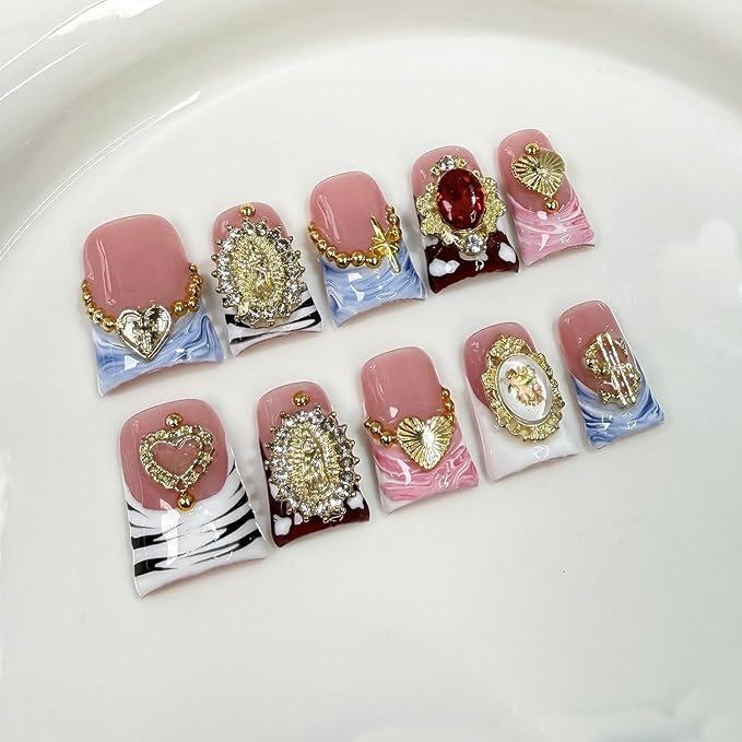 Handmade French Tip Press on Nails Short Duck 3D Thick Acrylic Nails Baroque False Nails with Rhinestones Oil Painting Designs Luxury Royal Fake Nail Sturdy Art Press on Nail 10Pcs(S)