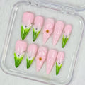 Almond Press on Nails Long Handmade Nails with Glue,Green French False Nails with Luxury Rhinestone 5D Flower Art Design Pink Nail Press ons Muti-Layer Gel Handmade False Nails for Women (Size S)