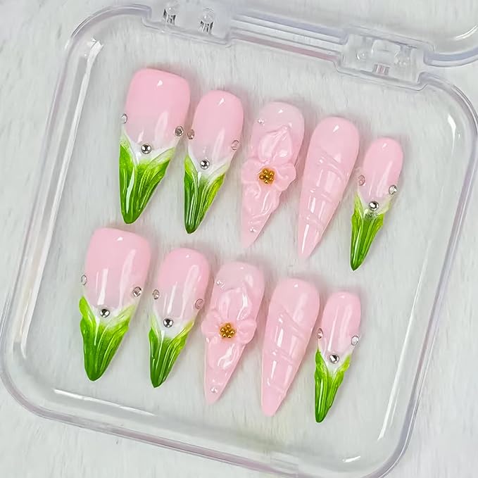 Almond Press on Nails Long Handmade Nails with Glue,Green French False Nails with Luxury Rhinestone 5D Flower Art Design Pink Nail Press ons Muti-Layer Gel Handmade False Nails for Women (Size S)