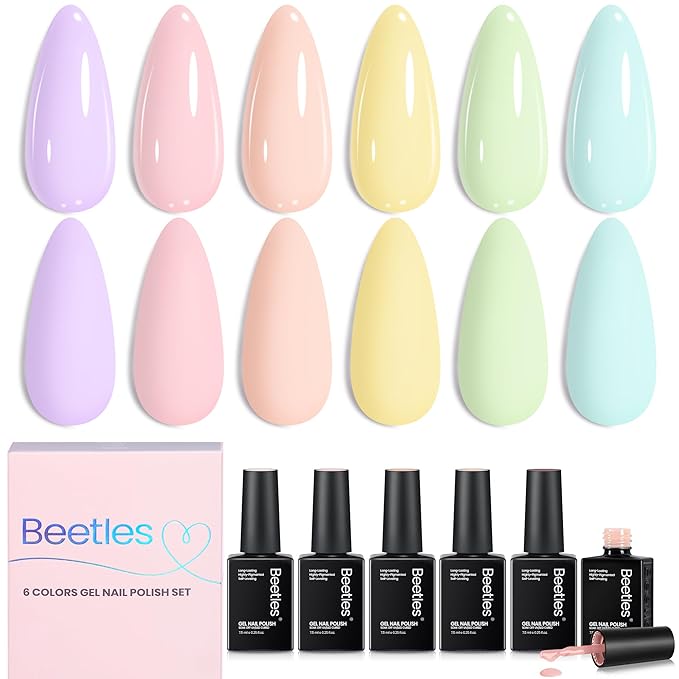 Beetles Pastel Gel Polish Set - Afternoon Desserts Collection, 6 Colors Pastel Purple Yellow Blue Pink Trendy Colors Uv LED Lamp Salon DIY at Home Nails Gifts for Women Easter Nails