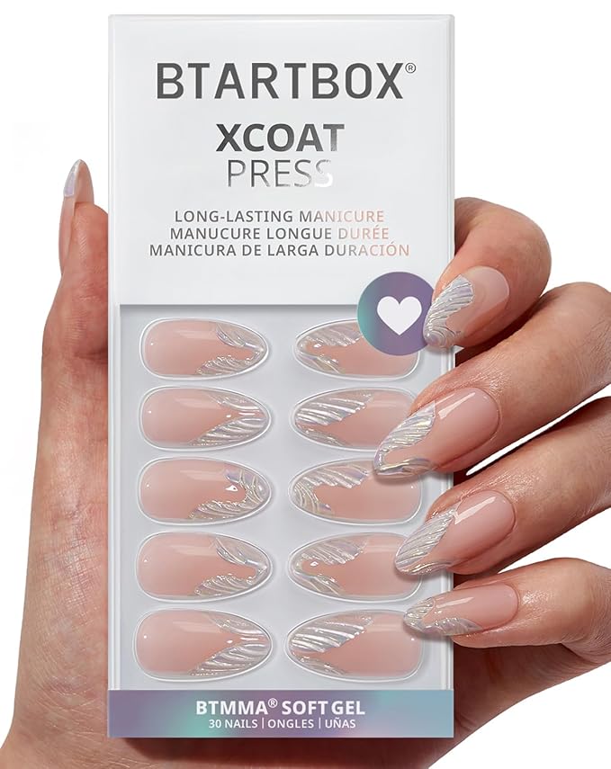 BTArtbox French Tip Press On Nails - Lamp-Curable 3D Sculpting Medium Almond Press On Nails with Glue for Women, Semi-Transparent Soft Gel Glue On Nails in 15 Sizes - 30 Stick On Nails Kit, Starlet