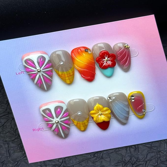 100% Handmade Press on Nails Medium Almond Handmade Nails with Pink Flower Design Spring Summer False Nails Yellow French Tip Nail Press ons Reusable Ombre Acrylic Fake Nails for Women Size M 10Pcs