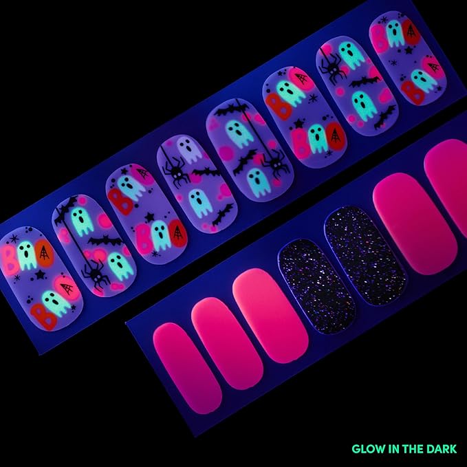 Dashing Diva Gloss Nail Strips - The Friendly Ghost - UV Free, Chip Resistant, Long Lasting Gel Nail Stickers - 3-Piece Glow-In-The-Dark Manicure Set - Contains 32 Wraps, 1 Prep Pad, 1 File