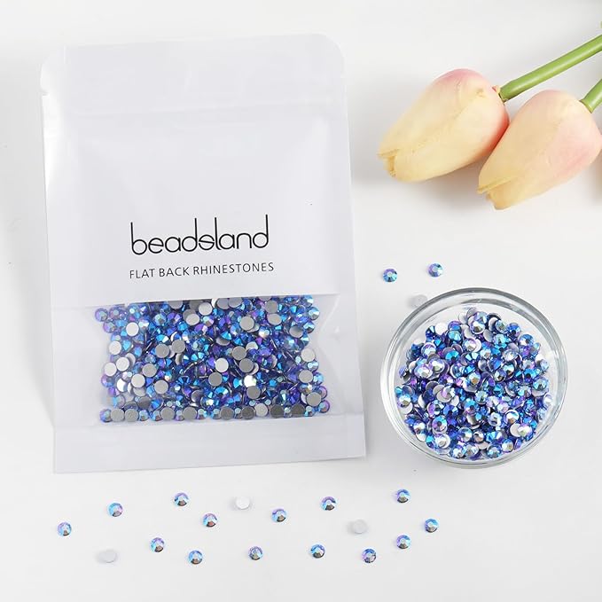 Beadsland 1440pcs Flat Back Crystal Rhinestones Round Gems for Nail Art and Craft Glue Fix, Light Sapphire AB, SS16, 3.8-4.0mm