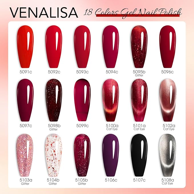 VENALISA V6 Gel Nail Polish Kit of 22 Pcs With Color Book Burgundy Dark Red Colors Glitter Cat Eye Gel Polish Set Soak Off Salon Nail Art DIY at Home Manicure