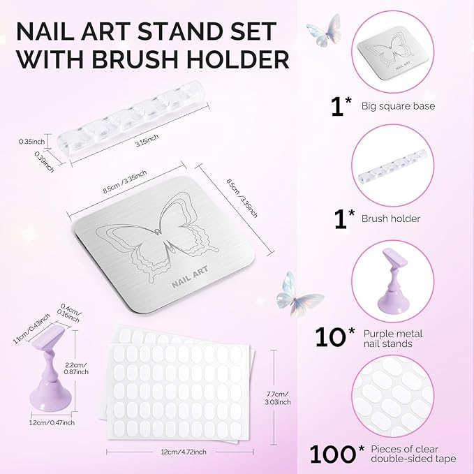MelodySusie Nail Stand for Press Ons, Super Metal Square With Butterfly Pattern Magnetic Base for Painting Display with Brush Holder And Reusable Double-Sided Tape for Home DIY Salon Supplies
