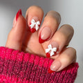 Valentines Day Glamnetic Press On Nails - Ruby Ribbons | Short Almond Fake Nails with Red French Tips & 3D Bows in a Glossy Finish, Salon Quality | 15 Sizes - 30 Nail Kit with Glue