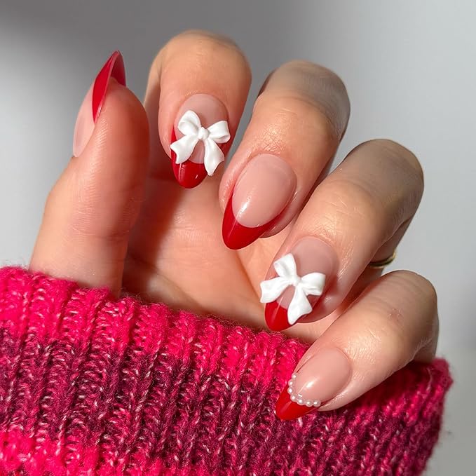 Valentines Day Glamnetic Press On Nails - Ruby Ribbons | Short Almond Fake Nails with Red French Tips & 3D Bows in a Glossy Finish, Salon Quality | 15 Sizes - 30 Nail Kit with Glue