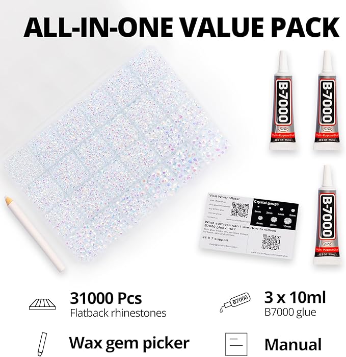 31000Pcs White AB Resin Rhinestones for Bedazzling, Assorted Sizes 2-6mm White AB Flatback Bedazzle Gems, Bedazzling Kit with B7000 Glue for Crafts Crafting Clothes and More