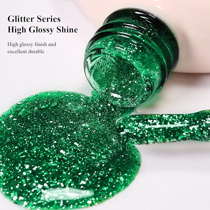 Imtiti 10ml Green Glitter Gel Nail Polish Long Lasting Soak Off UV Led Christmas Green Gel Polish Salon DIY at Home Gift for Women 1Pcs