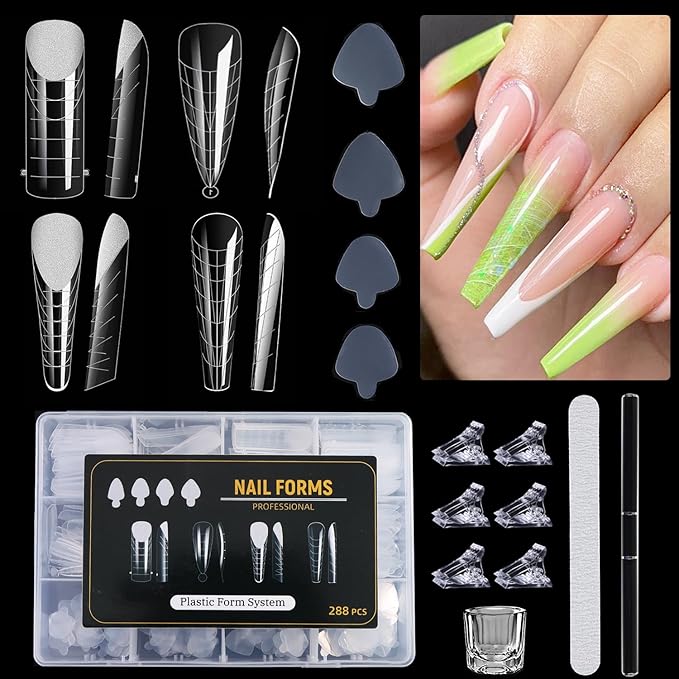 Poly Gel Nail Forms Set 288Pcs Polygel Nail Tips Silicone Sticker Dual Forms for Builder Gel Reusable Stiletto Coffin French Acrylic Nail Extension Molds with Accessories