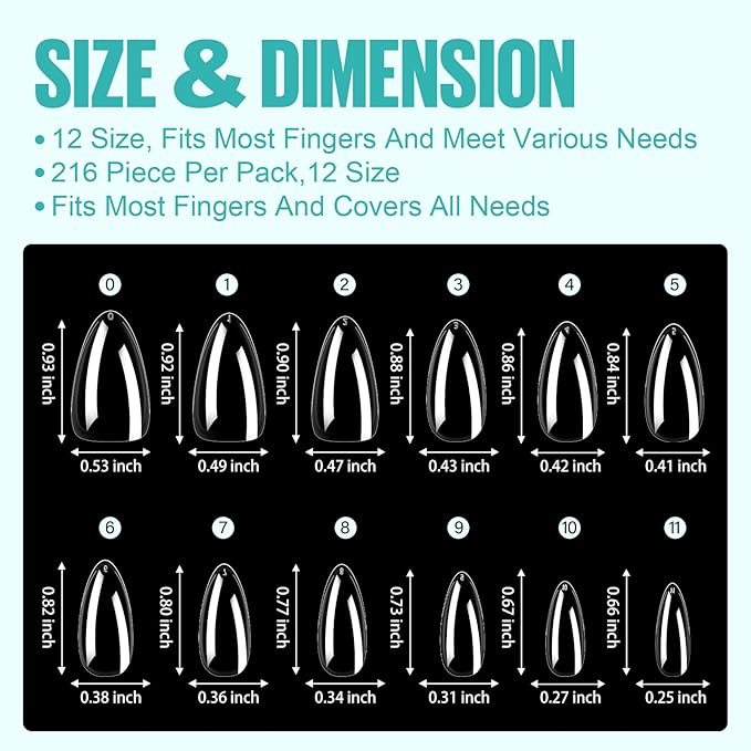 TOMICCA Almond Nail Tips, Medium Almond Acrylic Nail Tips, 216Pcs Full Cover Clear Nails, Nail Extension Tips for Nail salon and DIY at Home