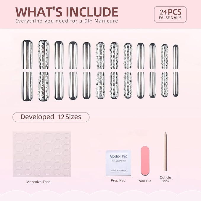 24Pcs Extra long Press on Nails Square Fake Nails Metal Silver Plating Full Cover Acrylic False Nails with Designs DIY Xl Glossy Artificial Stick on Nails for Women