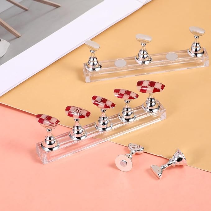 Nail Stands Acrylic Nail Art, 2 Set Magnetic Nail Tips Practice Holder Nail Crystal Holder for Nail Art with Reusable Adhesive Putty Nail Stand for Press On Nails DIY Painting(Silver)