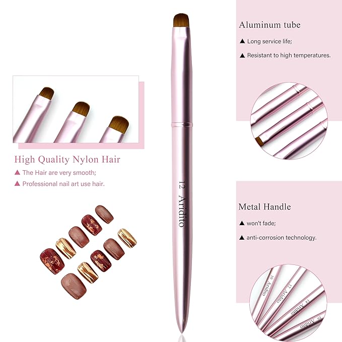 4pcs Pink Metal French Nail Brush | Professional French Tip Brush | Nail Clean Up Brush (#10,#12,#14,#16)