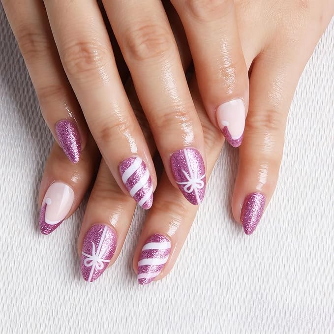 30pcs Shining Purple Short Almond Press On Nails with Candy, Bows, and Hats for Themed Costumes, Reusable Nail Kit with Nail Adhesive Tabs Mini Nail File, 15 Sizes (Purple)