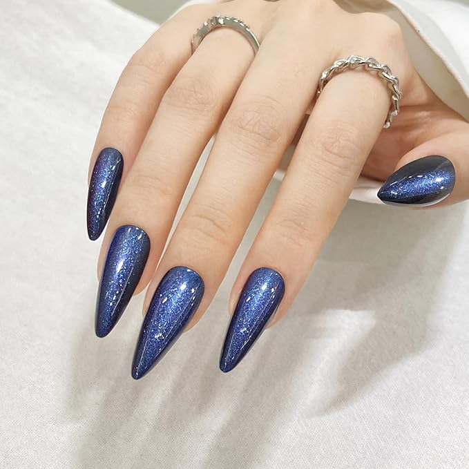 Sea Blue Almond Cat Eyes Press On Nails,12 Sizes - 24 Pcs Soft Gel Blue Medium Fake Nails Kit with Nail Glue, Natural Reusable Stick On False Nails for Women and Girls SK1007