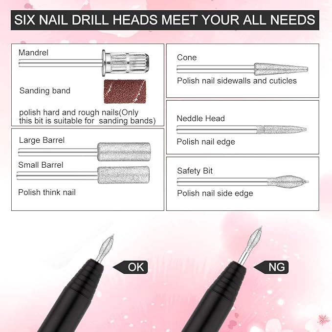 Professional Manicure Pedicure Set - Electric Nail File Kit with Portable Nail Drill Machine, Polishing Shape Tools for Acrylic Gel Nails, Includes Nail Drill Bits, Sanding Bands and Brush (Black)