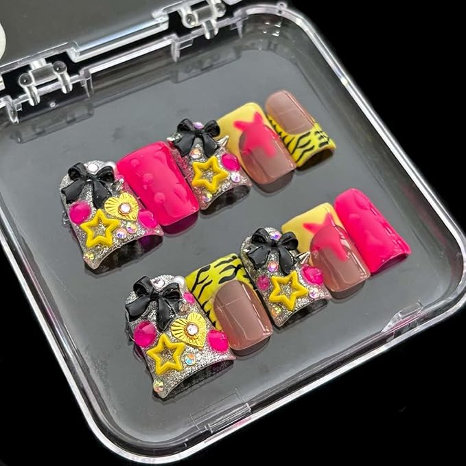 10Pcs Handmade Press On Nails Medium Duck Fake Nails Bow Charms With Star Design Y2k False Nails Full Cover French Tip Artificial Cute Stick On Nail For Women(SIZE:S)