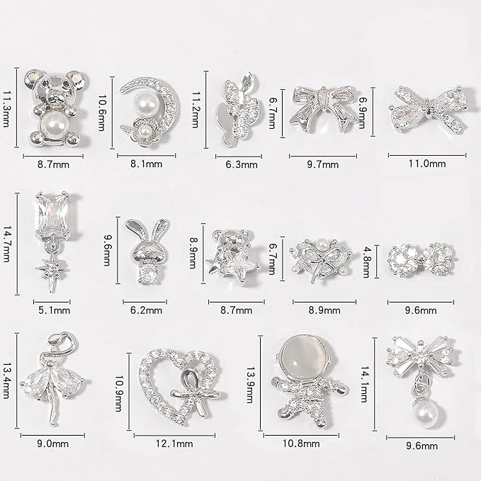 HNUIX Nail Charms and Gems - Silver Copper Zircon, Multiple Shapes 3D Dangle, Metal Luxury Jewelry Rhinestones for Nails 14 Pieces