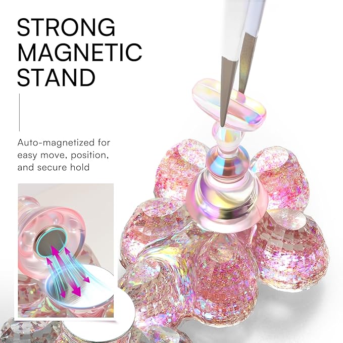 Makartt Nail Stand: Pink Nail Holder for Painting Nails DIY, Magnetic Press on Stand for Art Display Practice, Pink Glitter Flower Fake Holder for Home Salon with Reusable Adhesive Putty