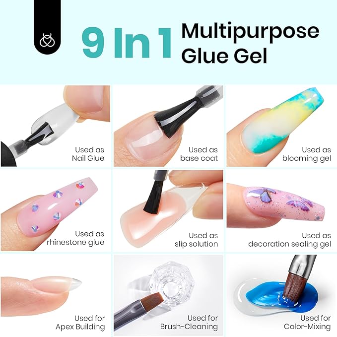 Beetles 9 in 1 Nail Glue Gel for Nail Tips and Clear Acrylic Nails Long Lasting, Curing Needed UV Extension Glue for False Nail Tips and Press on Nails, Spring Nail Art