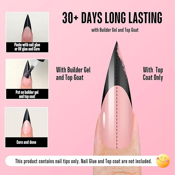 NOVO OVO Black French Tip Long XL Sharp Stiletto Nail Tips Press on BABY PINK, Soft Gel Double Matte Fake Nail Extension, Full Cover False Nails for Acrylic DIY x 16 Sizes 160 pcs