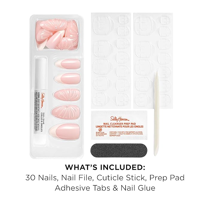 Sally Hansen Salon Effects Perfect Press-On Pink Nails | Almond Shape, 3D Design | Easy to Apply, Non-Damaging, Vitamin E & B5 | 30 Nails, Nail Glue, Adhesive Tabs, File| Blushing on You