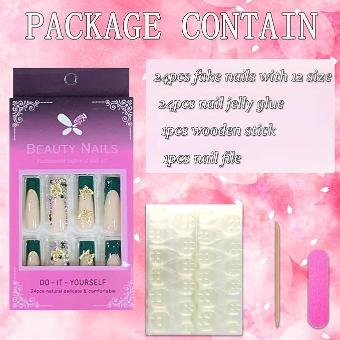 Press on Nails Coffin Long Length Acrylic Glossy Full Cover Square Shaped French False Nails with Designs Artificial Extra Long Fake Nails with Charms Glue ons Fingernails for Women(XXS249)