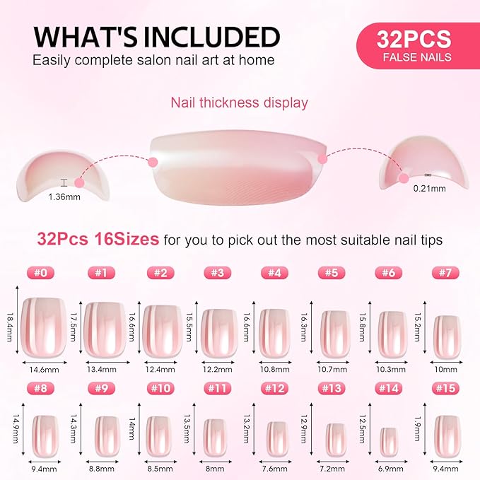 Press On Nails Short - Findigit Pink Glossy Press On Nail Ons Square, Chrome Glazed Glue On False Nails, Stick On Nails in 16 Sizes - 32 Soft Gel Fake Nail Kit, Pink Ombre Glazed
