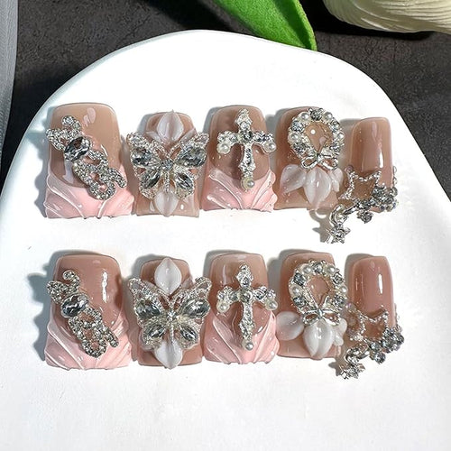 10 Pcs Luxury Duck Press on Nails Medium 3D Butterfly Rhinestone Design Handmade Fake Nails Sparkling French Tip Acrylic Nails Press Ons Glossy Short Thicked Glue on Nail for Women (M)